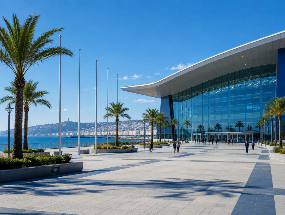 Glass façade of the Palais des Expositions, palm-lined esplanade facing the sea
