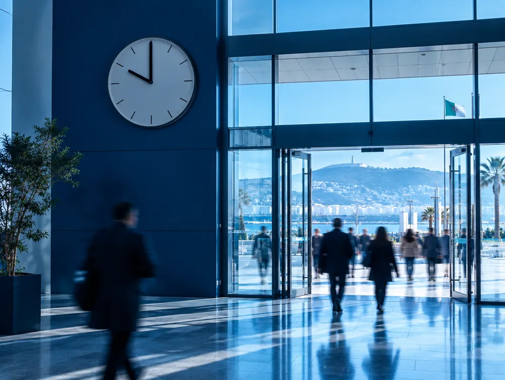 Entrance of the Palais des Expositions under a clock showing 10:00