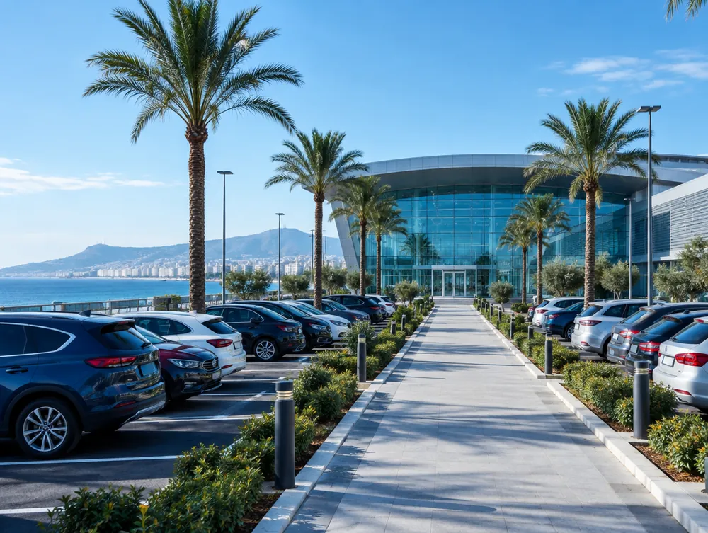 Palm-lined car park in front of the Palais des Expositions
