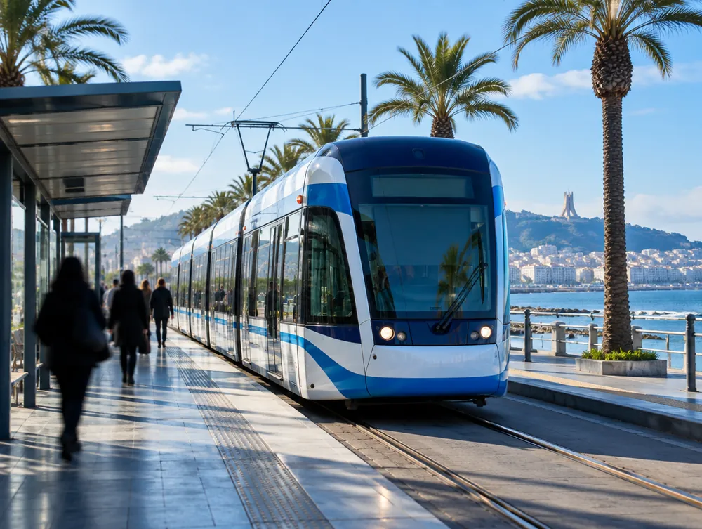 Tram stopped along the seafront, passengers on the platform