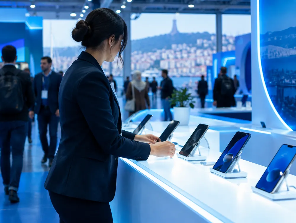 An exhibitor presents smartphones on a lit counter overlooking the Bay of Algiers