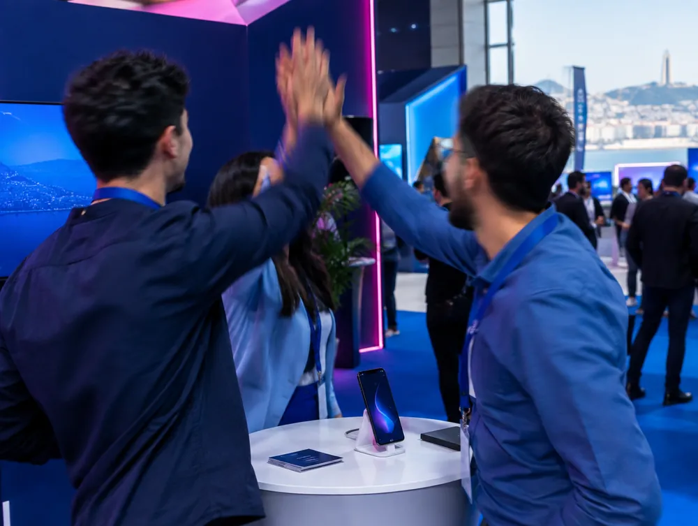 Two founders high-five on their Tech Village stand