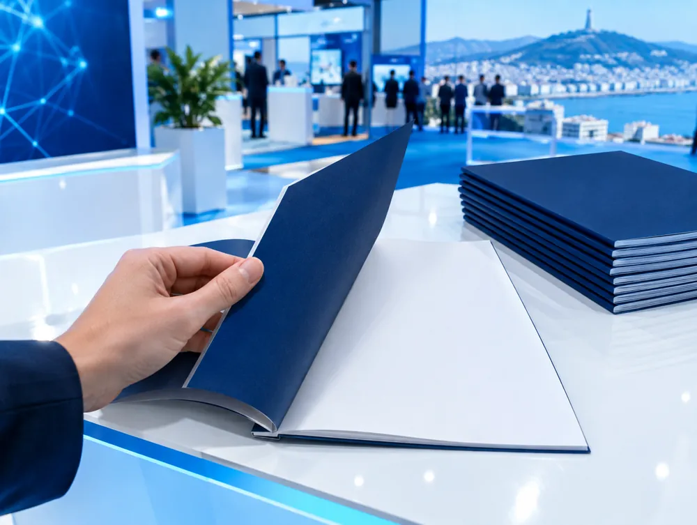 الكتالوج الرسمي مفتوح على منضدة بجانب كومة من النسخ