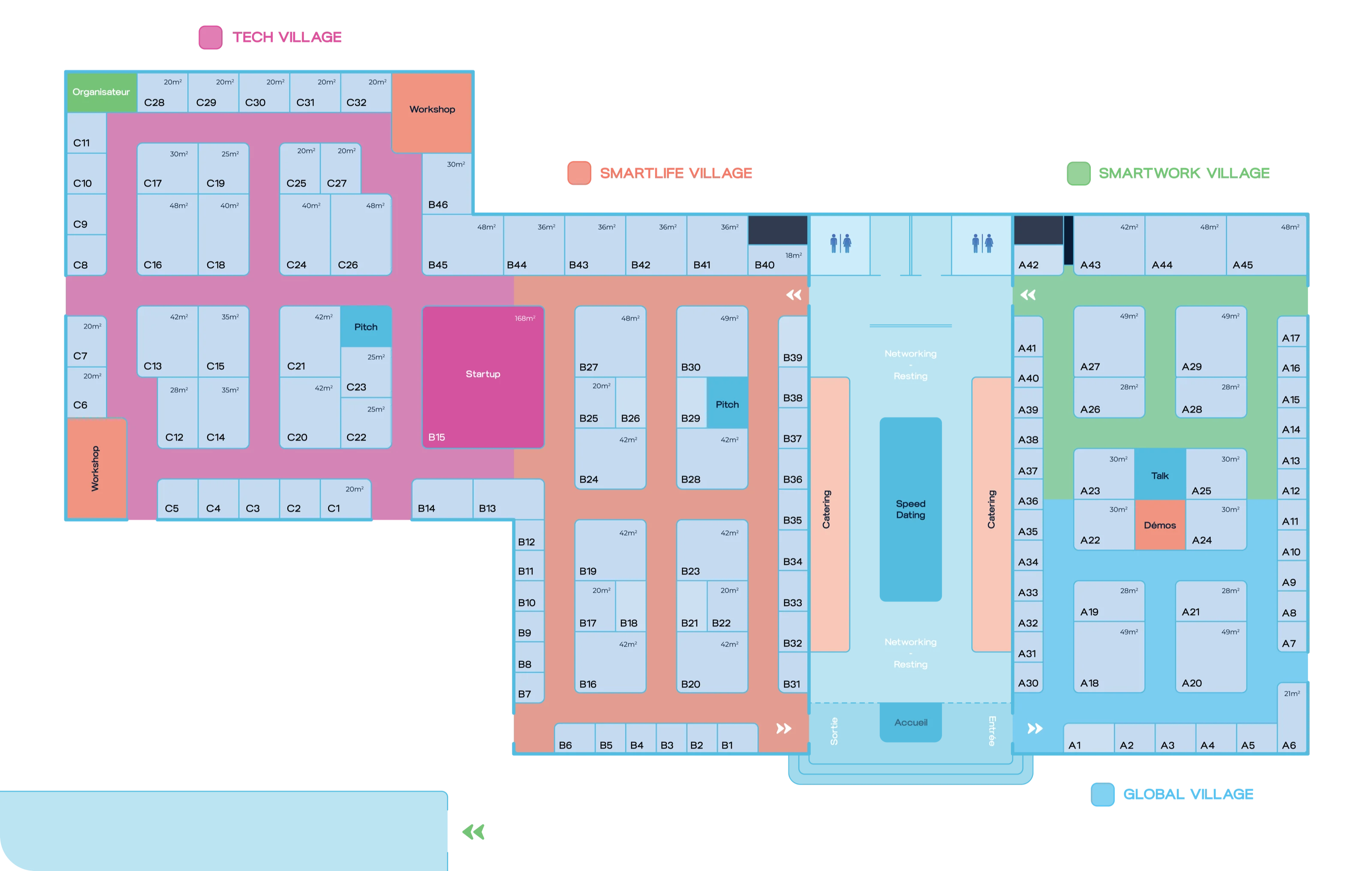 Indicative floor plan of Hall A with the four villages
