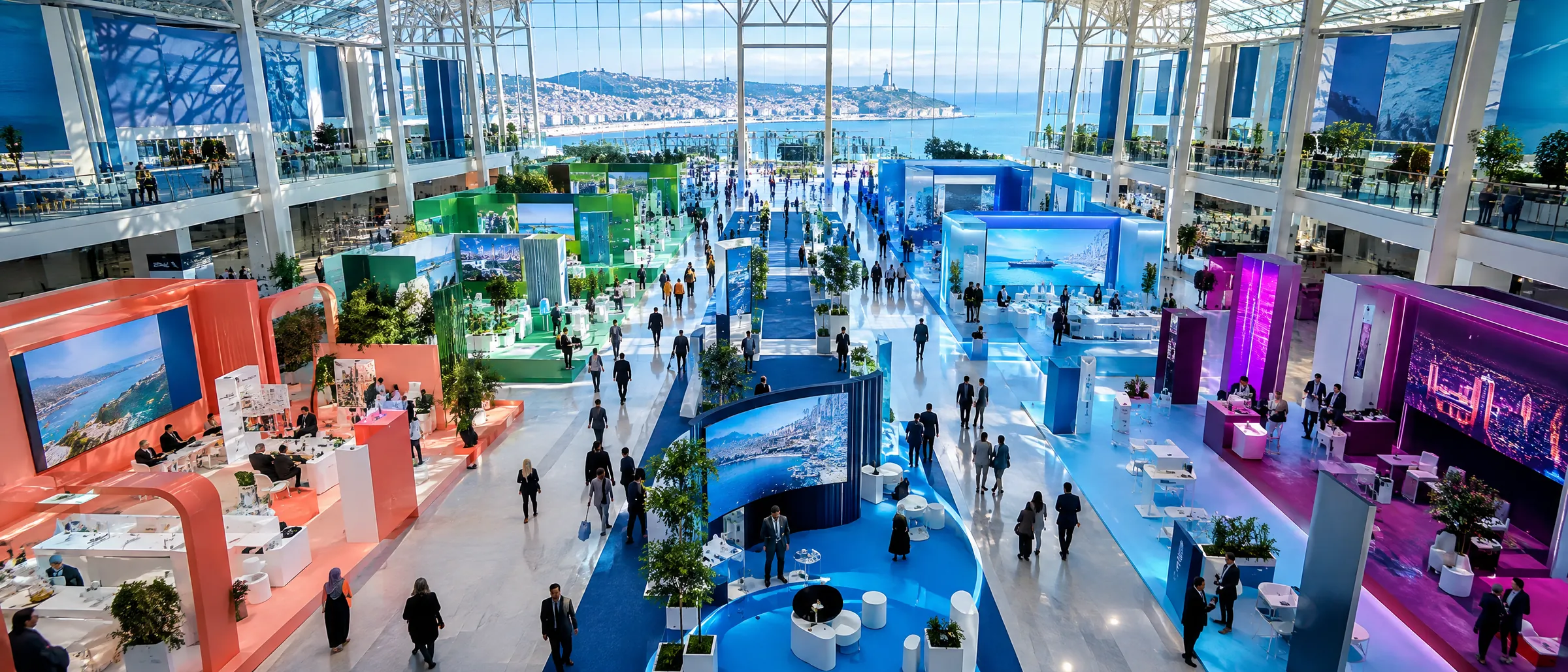 Overhead view of the hall's aisles and colourful stands, facing the sea