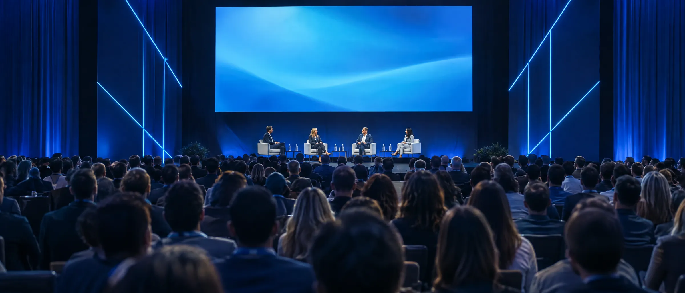 A packed conference, speakers on stage in front of a large blue screen