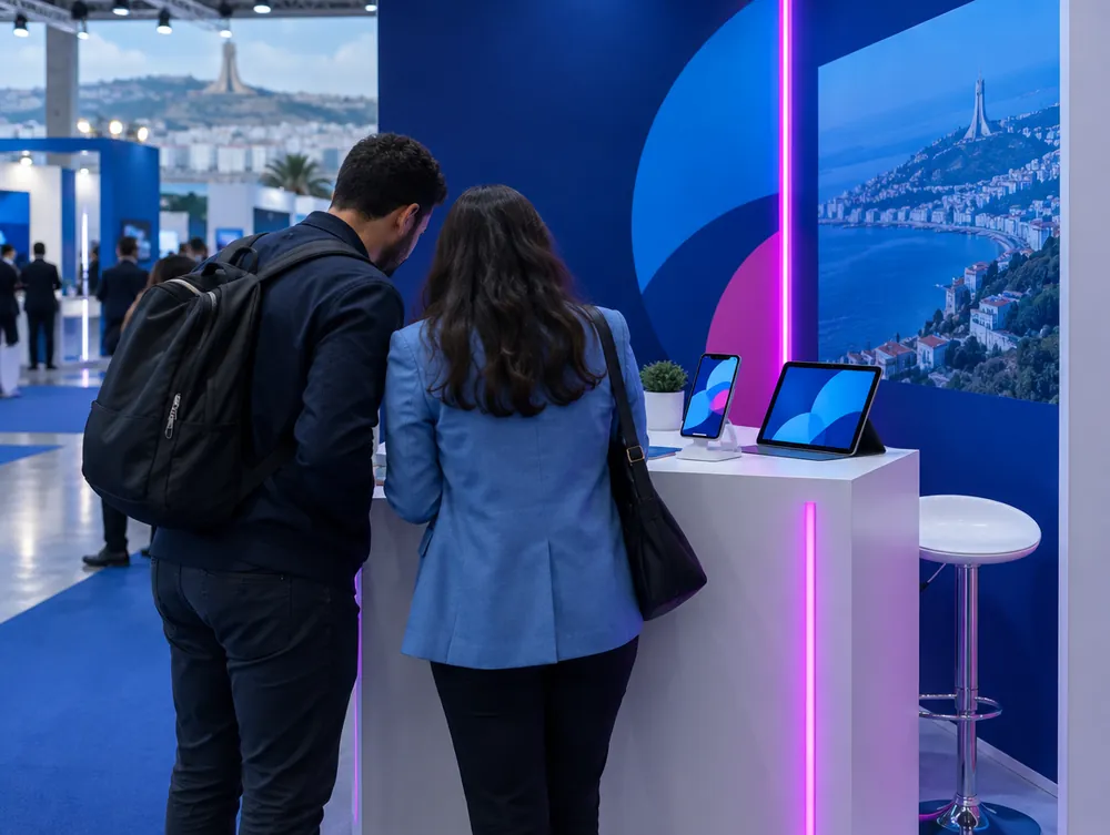 Two visitors try an app on the tablets of a startup stand