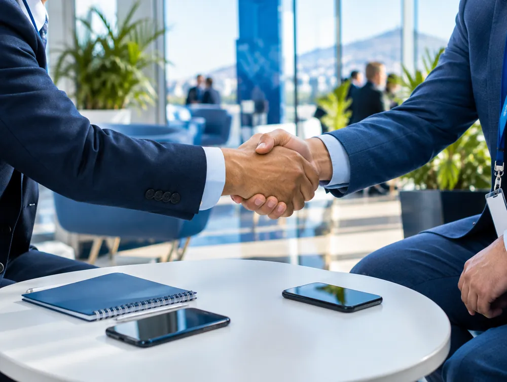 A founder and an investor shake hands over a meeting table