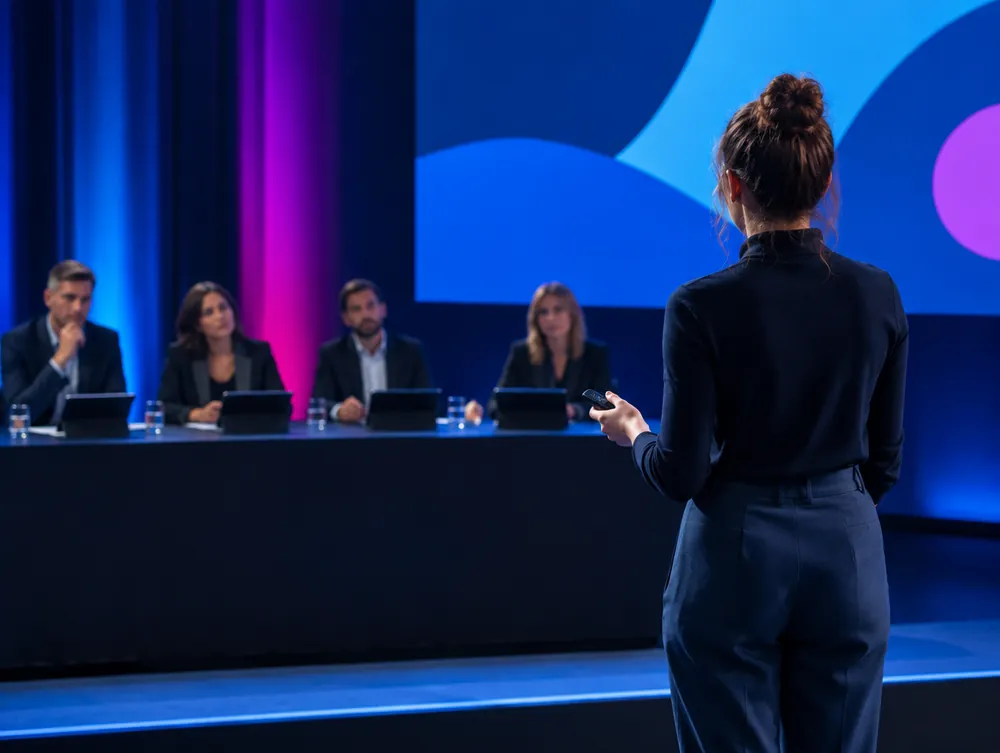A founder pitches on stage in front of a four-person jury